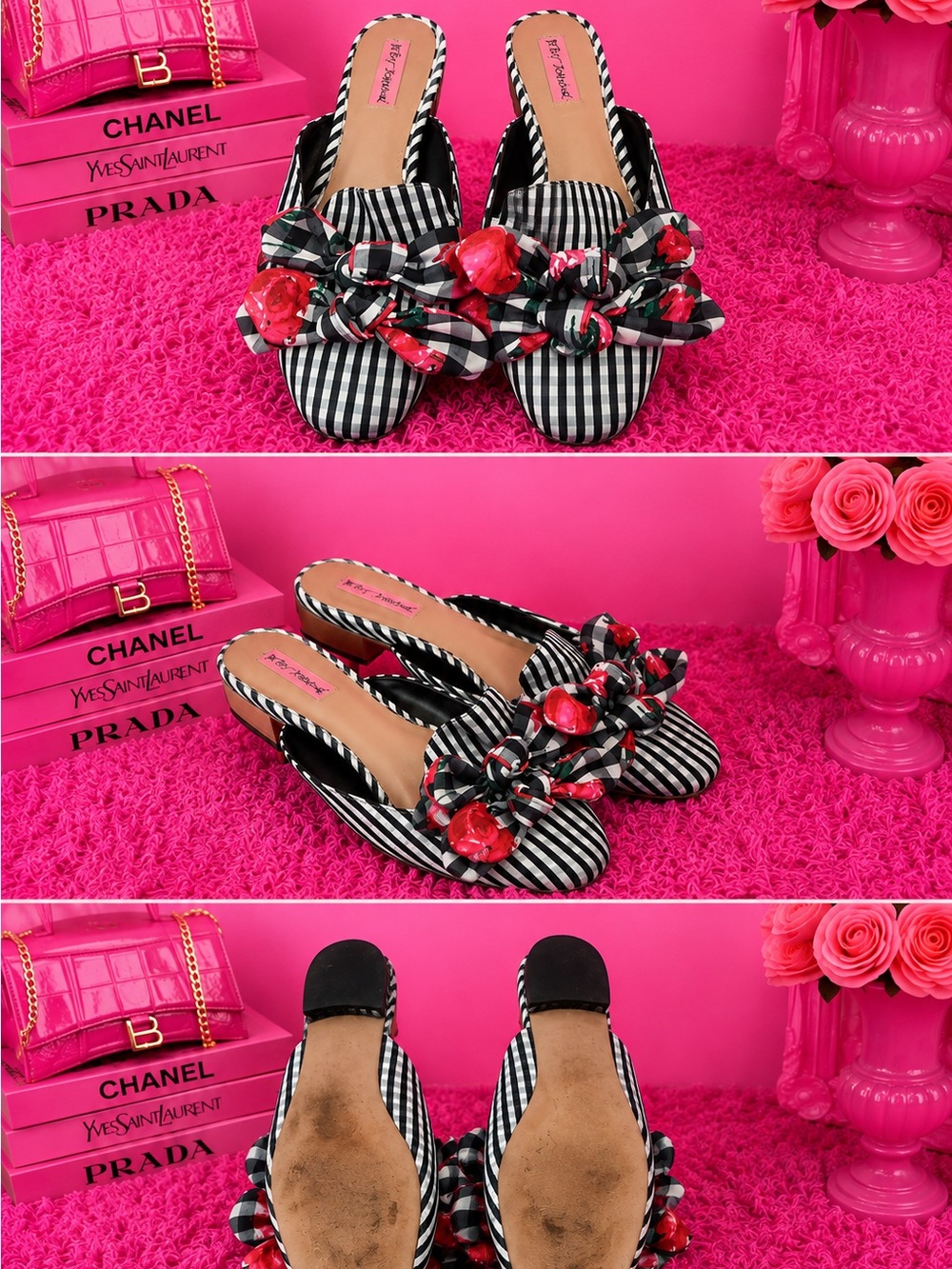 Betsey Johnson Rose Bow Black & White Gingham FLAT Mules SIZE 11 Coquette 🎀🩷💕🌷🤍